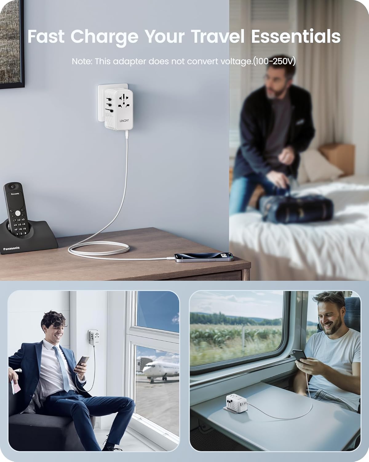 LENCENT 120W International Travel Adapter, Universal Travel Adapter with 1 QC USB-A & 3 PD3.0 Type C Power Adapter, Fast Charging for Phone,Laptops, All-in-One Outlet Adapter for USA/UK/EU/AUS, White