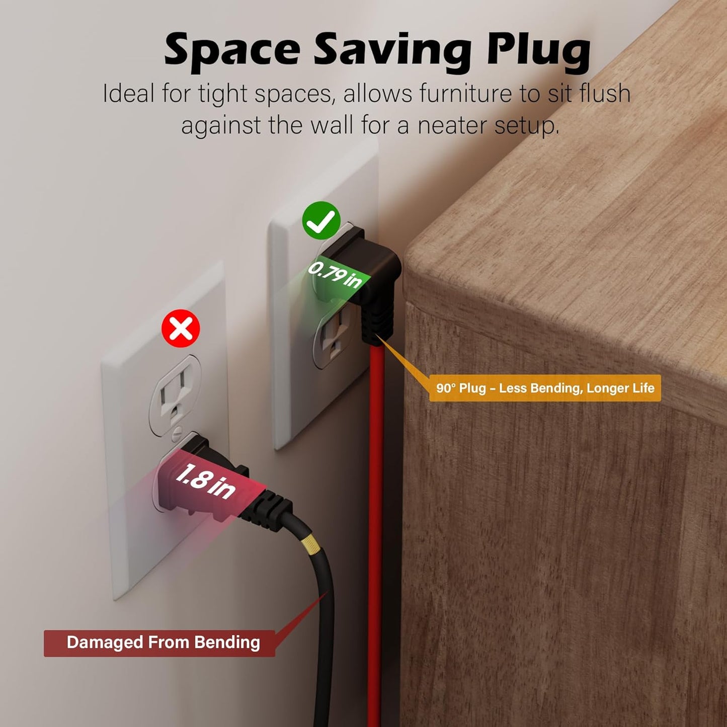 90 Degree 2 Prong Polarized Outdoor Power Extension Cord 50 FT, Angled Low-Profile Plug, 16 Gauge 125V SJTW Waterproof Long Cable for Home Office Lawnmower Garden Tools Lights, ETL+Ties-Bright Orange