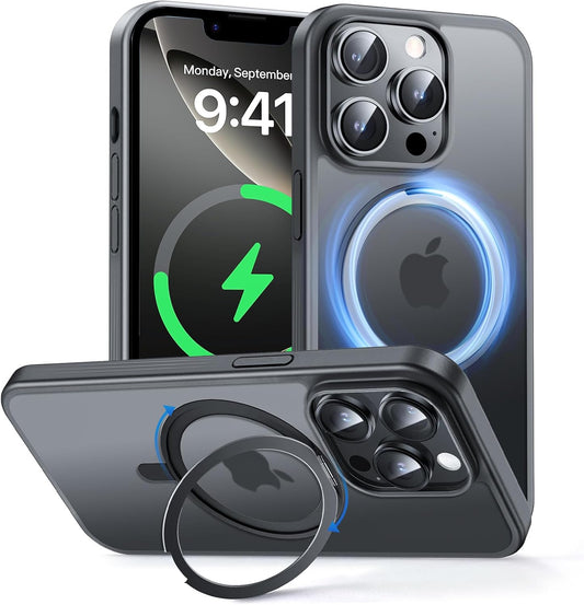 MAGIC JOHN 360° Rotatable Magnetic Invisible Stand for iPhone 14 Pro Max Case [Anti-Slip Grip] [Compatible with MagSafe] 16FT Shockproof for iPhone 14 Pro Max Case with Kickstand, Black