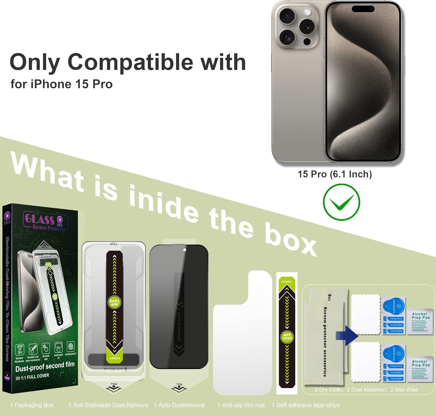 (2-Pack Anti-Spy Privacy Screen Protector for iPhone 15 Pro (6.1-Inch),9H Tempered Glass,Full Coverage,Anti-Fingerprint,Auto Dust Removal,Bubble-Free,Easy Installation