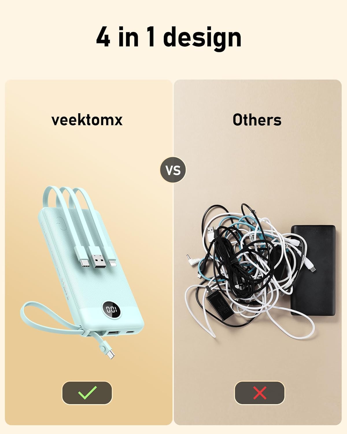 VEEKTOMX Portable Charger with Built-in Cables 10000mAh Power Bank for iPhone Slim Fast Charge USB C Battery Pack Travel Essentials Powerbank Compatible with iPhone, Samsung, Android, etc