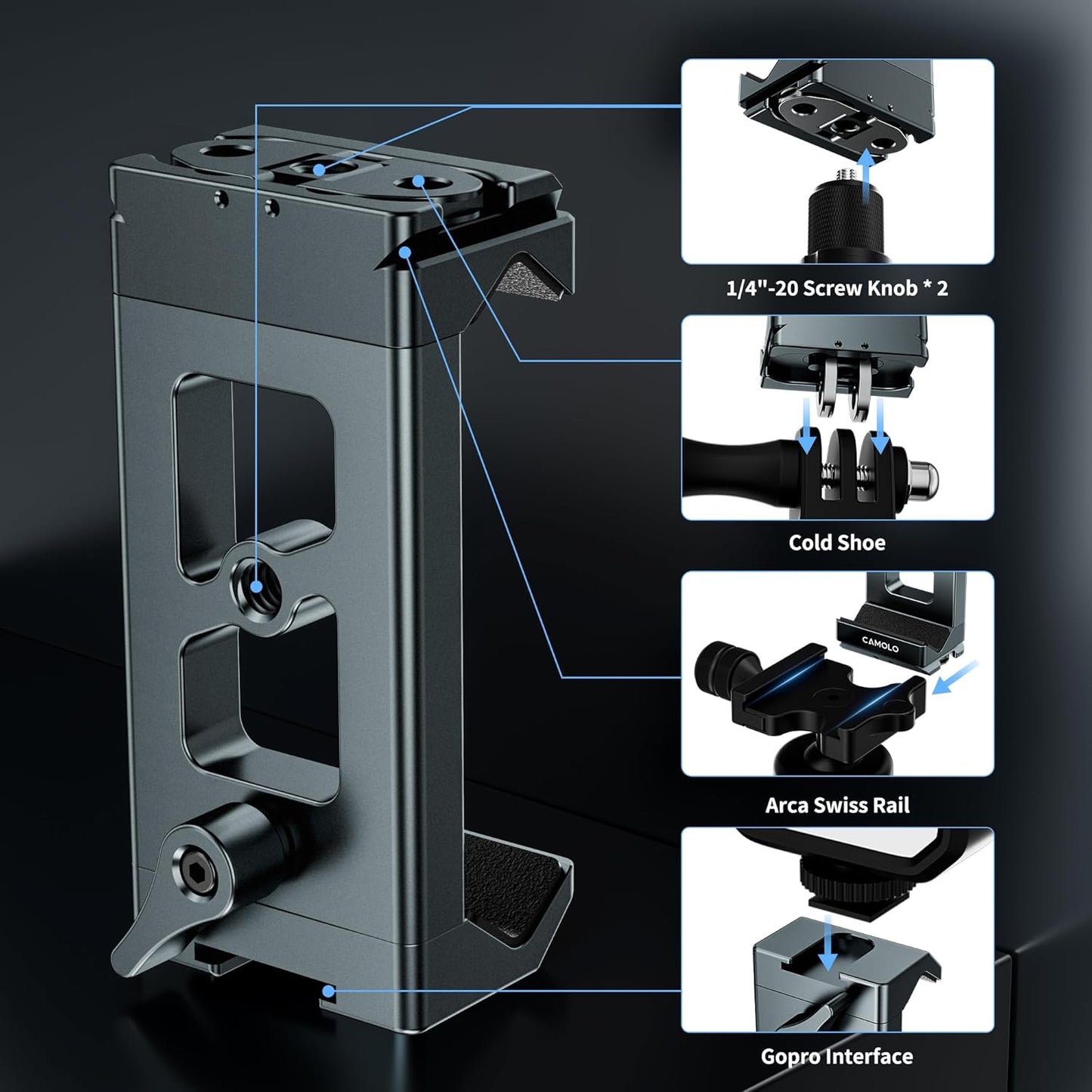 Metal Phone Tripod Mount Arca Port & Action Camera Adapter, Adjustable Smartphone Tripod Adapter Clamp Cell Phone Stand Holder Compatible with iPhone Plus PRO Max GoPro Samsung Galaxy Motorola Pixel