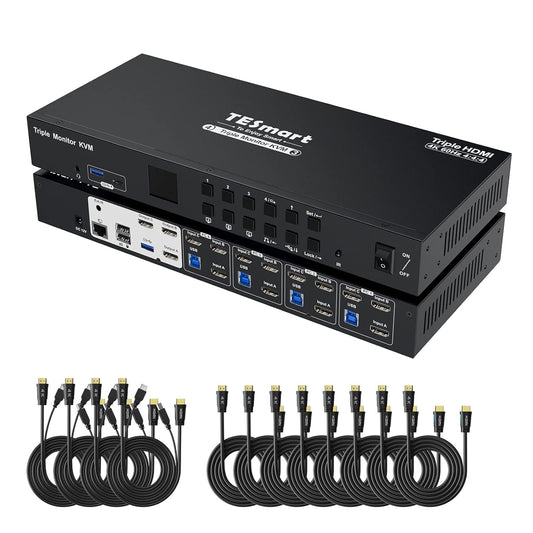 TESmart USB 3.0 HDMI KVM Switch 3 Monitors 4 Computers 4K@60Hz, Headset, Audio&Microphone, EDID emulators, Hotkey Switch, Wired Network, Rack-Ears, 4 Port Triple Monitor KVM Switch with All Cables