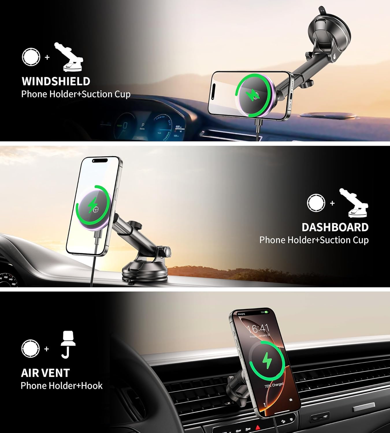 for MagSafe Car Mount Charger Dash Vent Windshield Wireless Car Charger with LED Light, Strong Magnetic Phone Holder for Car for iPhone 16 15 14 13 12 Series, Fit MagSafe Accessories (Purple)