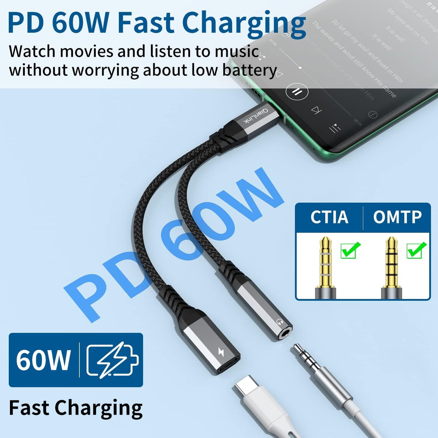 USB C to 3.5mm Headphone and Charger Adapter, 2-in-1 Type C to Aux Jack Cable with PD 60W Fast Charging for iPhone15 16 17 Pro Max, Samsung Galaxy S22 S23 S24 S25 Ultra, Note 20, iPad Air4, Pixel 8 9