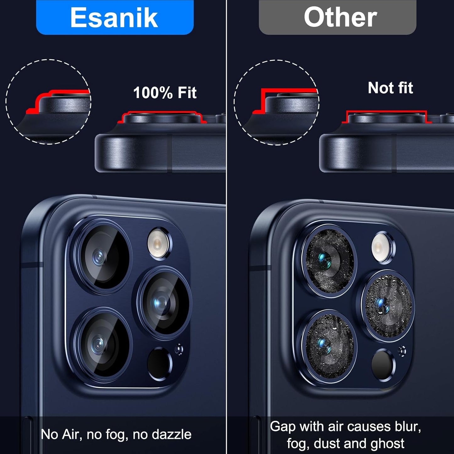 Esanik 2 Pack for iPhone 15 Pro/iPhone 15 Pro Max Camera Lens Protector (Blue Titanium)