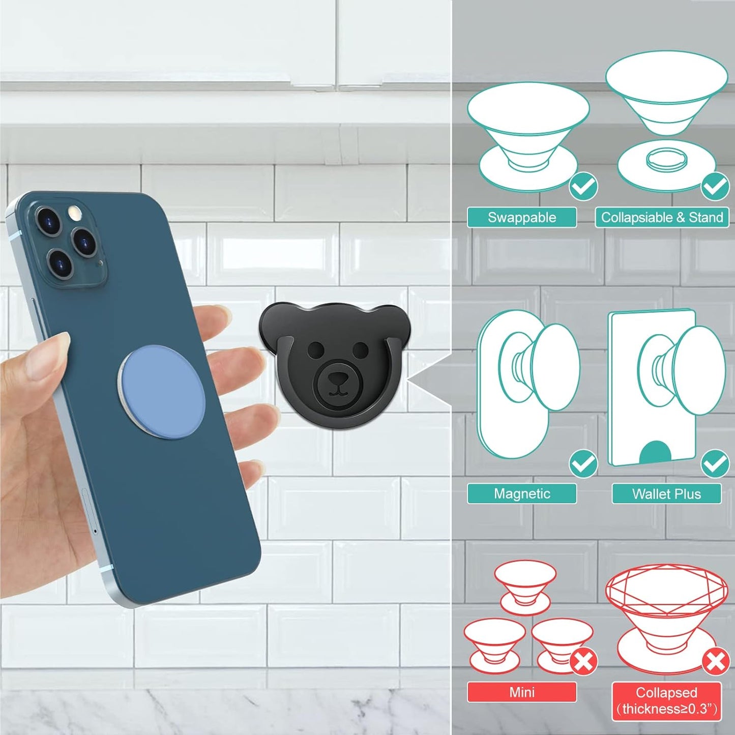 TOPGO Socket Car Mount for Phone Holder Cute Bear Style Silicone Grip Stand with Phone line Clasp for Collapsible Socket User Used on Dashboard, Home, Office, Kitchen, Desk, Wall (Black) 3 Pack