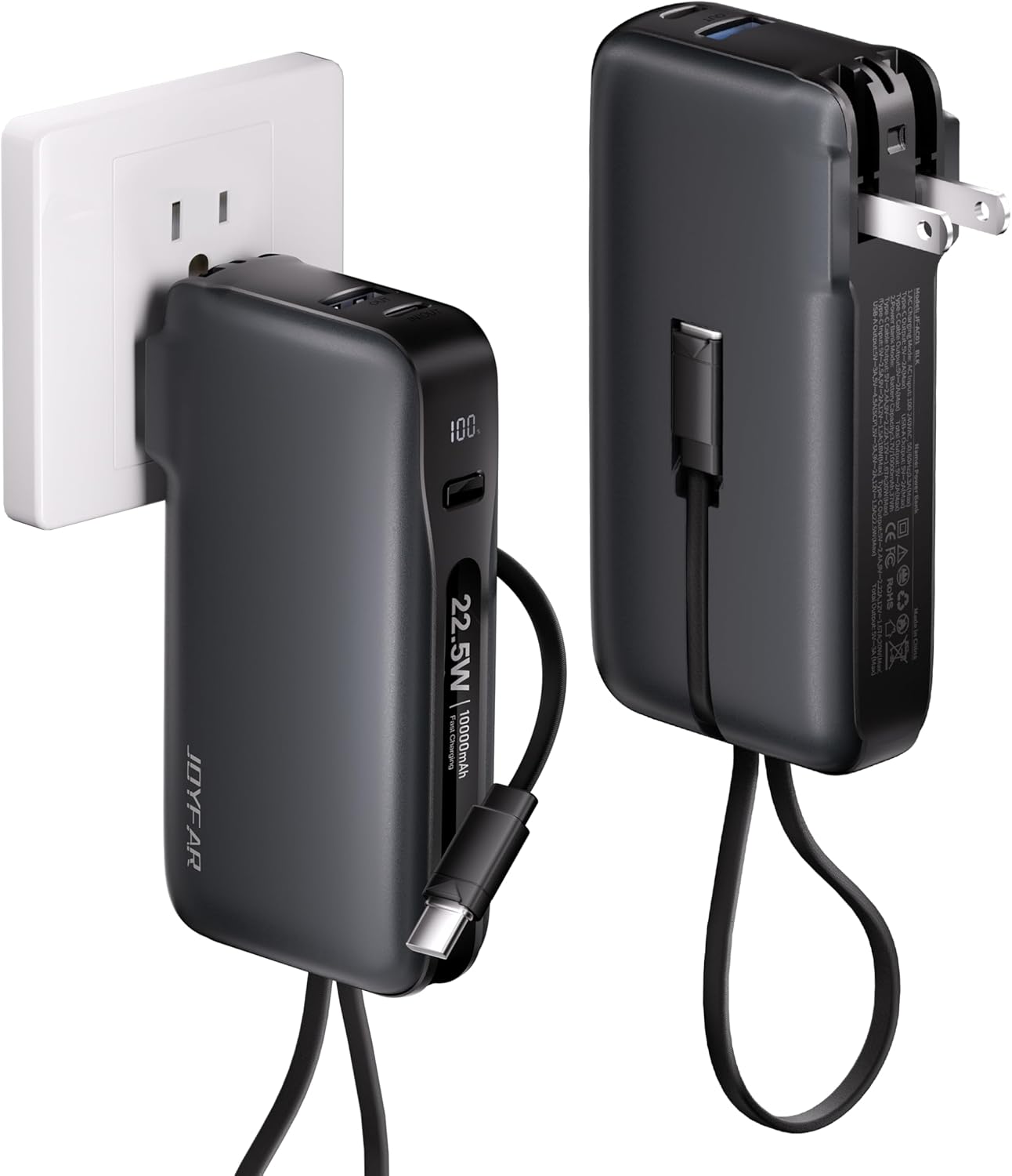 1 Pack Portable Charger with Built-in USB-C Cable & Plug, 10,000mAh 5V/4.5A Power Bank Fast Charging 22.5W, Travel Essential Battery Pack 3 Output for iPhone 16/15 Series, Samsung Galaxy, iPad