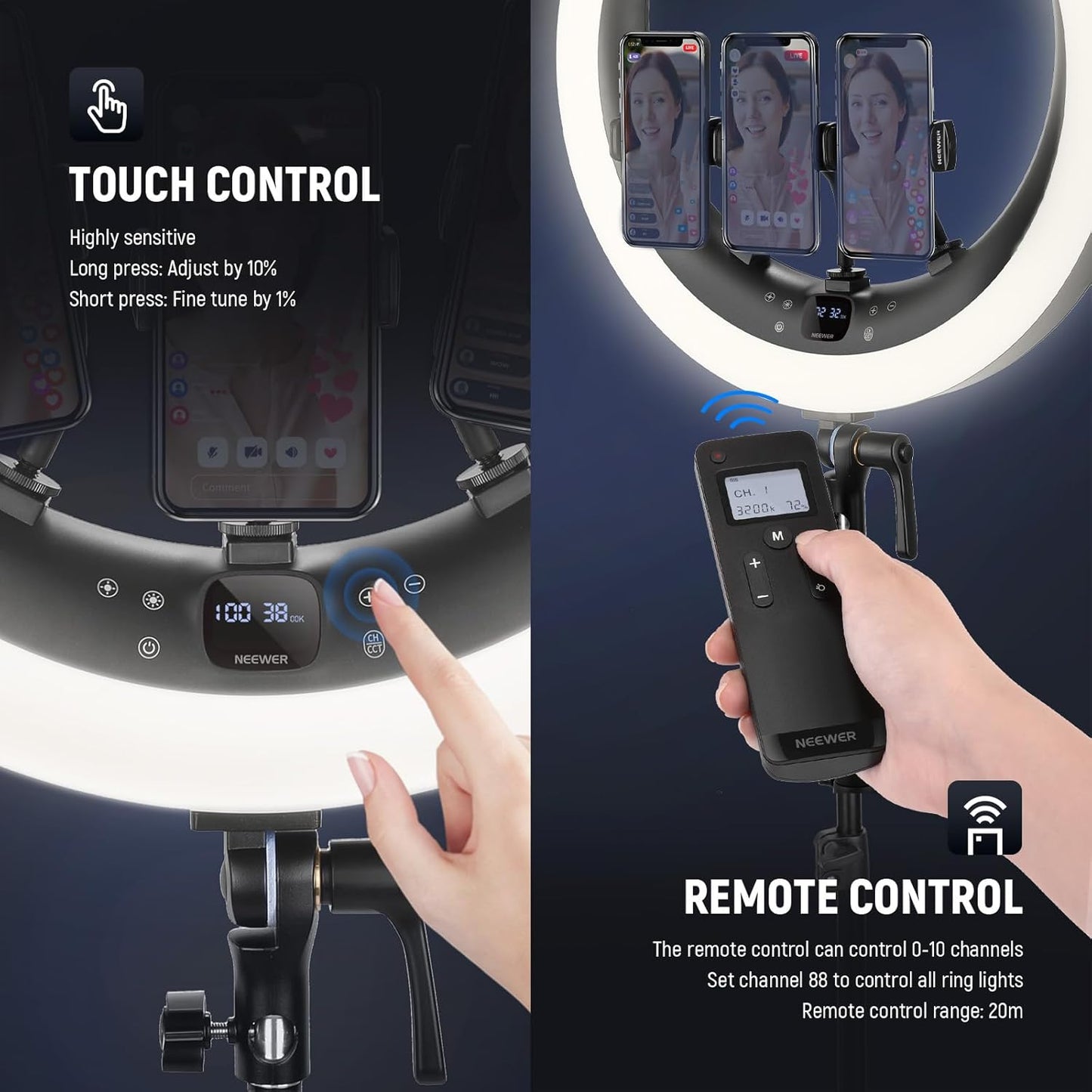 NEEWER RP19H 19" Ring Light with Tripod Stand/3 Phone Holders/Cleaning Cloth Compatible with iPhone, 2.4G Touch Control LED Ringlight for Video Recording Studio Streaming Zoom Selfie Makeup Lighting