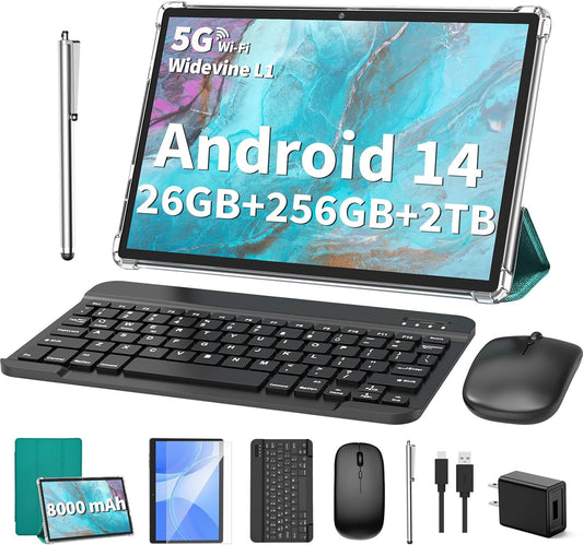 2025 Tablet, Android 14 Tablets 10 inch with Keyboard, 26GB RAM+256GB ROM(2TB Expand), 2-in-1 Tablets with 8-Core, 8000mAh, 5G WiFi, Widevine L1, GMS, with Case, Keyboard, Mouse, Stylus (Green)