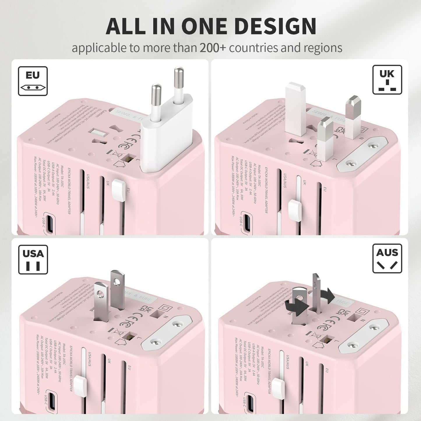 EPICKA Universal Travel Adapter, International Power Plug Adapter with 3 USB-C and 2 USB-A Ports, All-in-One Worldwide Wall Charger for USA EU UK AUS (TA-105C, Pink)