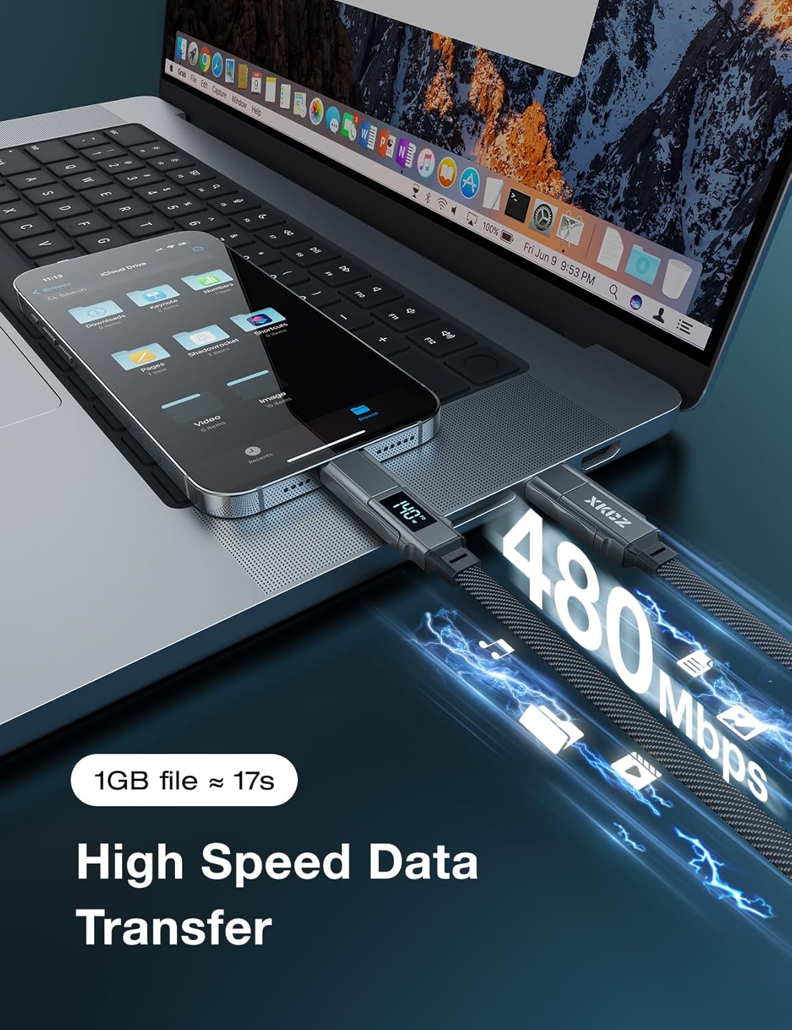 4 in 1 USB C Cable with Wattage Display, 140W Flat Nylon Braided Multi Charge Cable with Data Sync, USB C Charging Cord Combo Type C/USB A/L Port for iPhone/iPad/Samsung/Laptop, 3FT