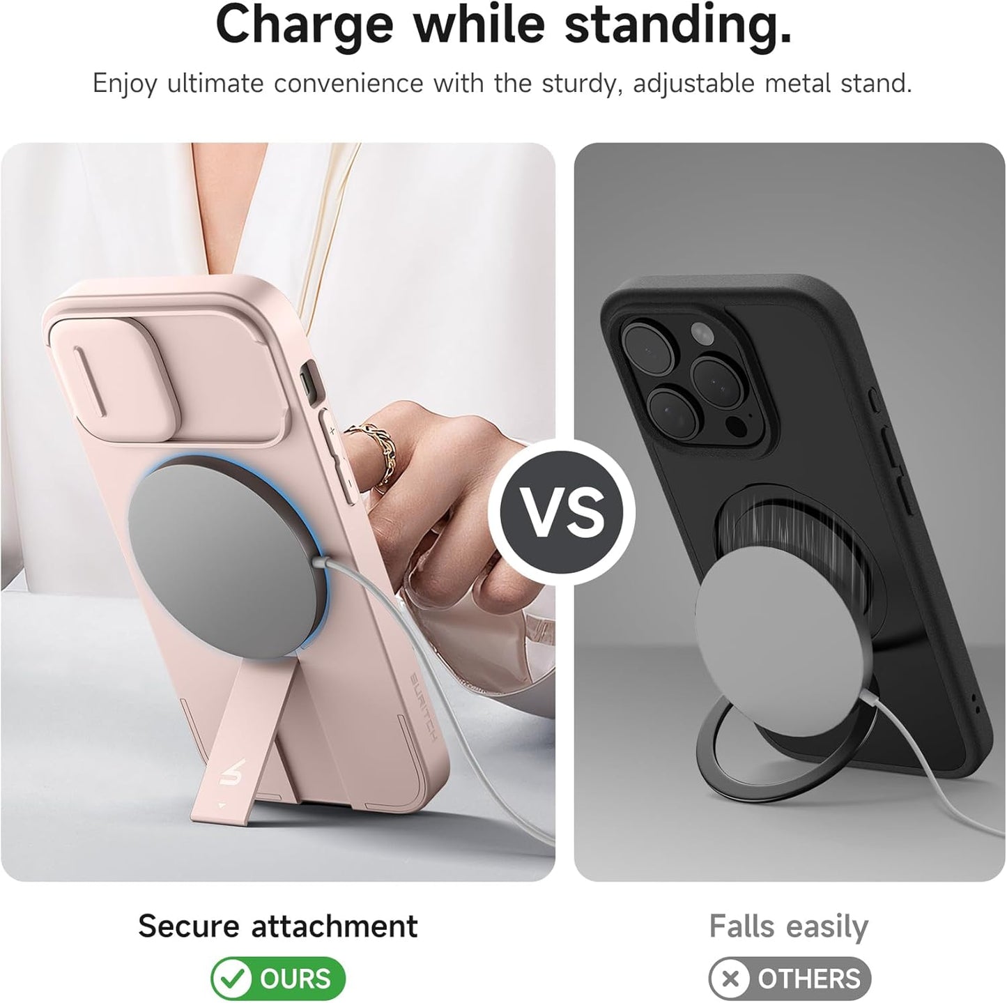 SURITCH for iPhone 12/12 Pro Case with Magnetic Camera Slide Cover and Adjustable Kickstand, Compatible with MagSafe, Shockproof Bumper Case Slim Protective Cover for iPhone 12/12 Pro 6.1 Inch, Pink