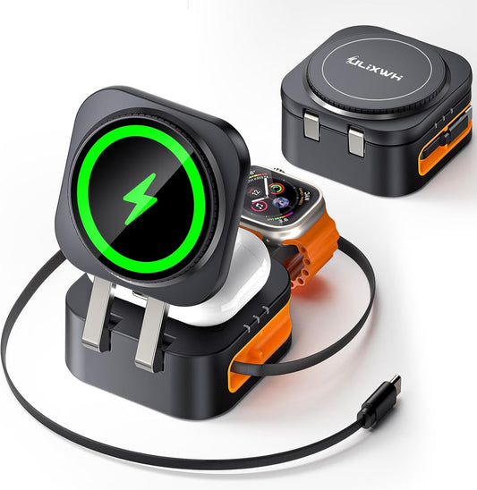 Retractable 3 in 1 Charging Station for Apple, 15W Fast for Magsafe Foldable Magnetic Wireless Charging Stand with Retractable Cable, for Travel, for iPhone 16/15/14/13, Apple Watch, AirPods