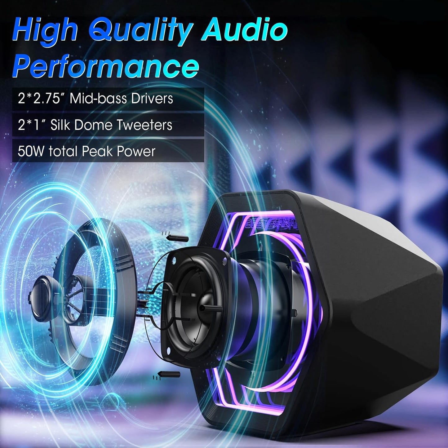 BESTISAN Computer Gaming Speakers with 8 RGB Modes, Compact Design, DC Powered Desktop Speaker with 3 EQ Modes, 50W Active Speakers with Bluetooth 5.3, AUX in, Headphone, Type-C Port for PC/Laptop/TV