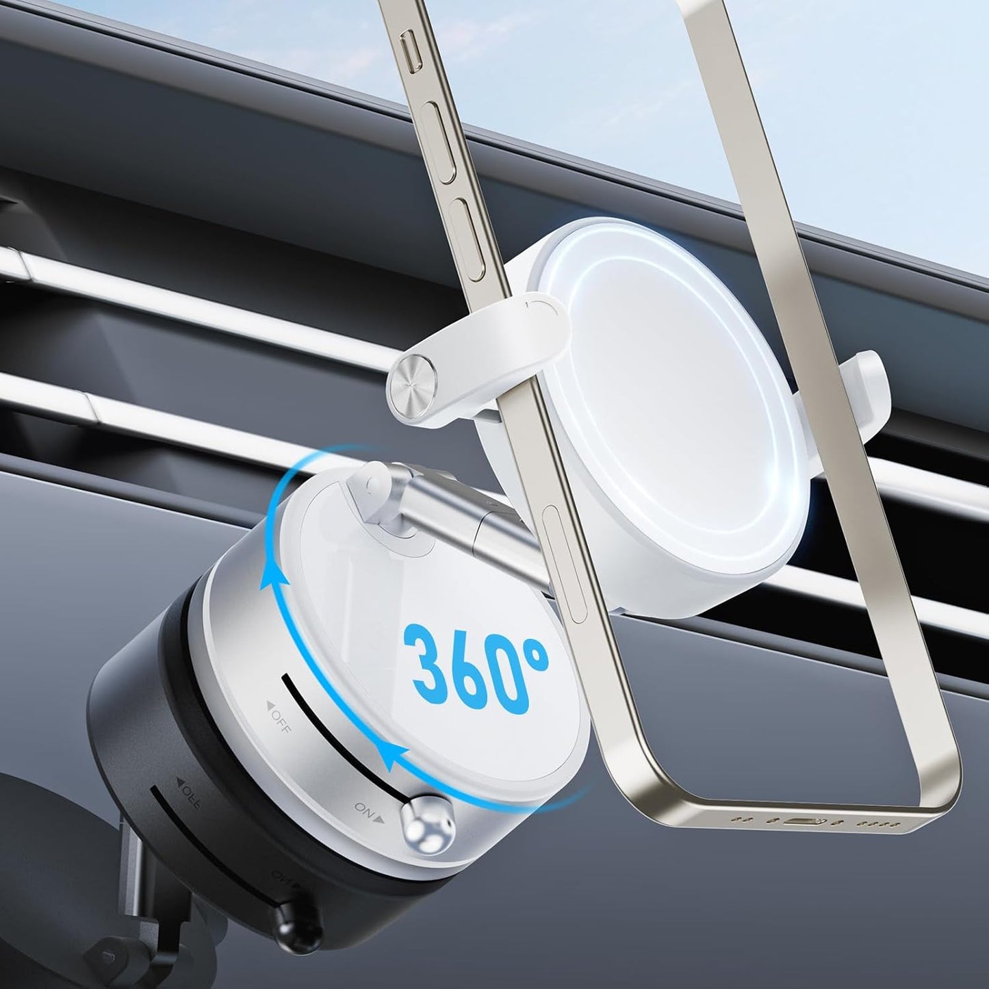 OOCC Magnetic Phone Holders for Your Car, 360°Rotating Adjustable Magsafe Car Phone Mount, Foldable Vacuum Magnetic Car Phone Holder for All Smartphones & All Car Models, White