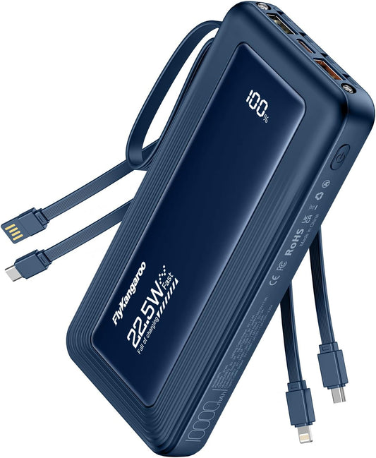 Portable Charger with Built in Cables, Slim 10000mAh Fast Charging 22.5W Power Bank USB C LED Display Battery Pack 6 Outputs & 2 Inputs for iPhone Samsung Pixel LG Moto iPad