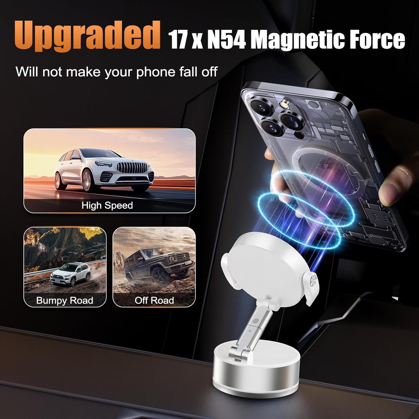 OOCC Magnetic Phone Holders for Your Car, 360°Rotating Adjustable Magsafe Car Phone Mount, Foldable Vacuum Magnetic Car Phone Holder for All Smartphones & All Car Models, White