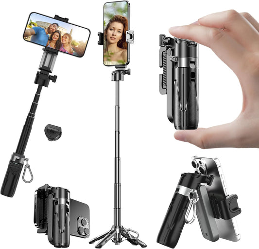 Mini Selfie Stick Tripod, Extendable Grip Phone Tripod with Detachable Remote Pocket Size, 4-in-1 Mini Phone Grip, 10m Wireless Shutter, Vlog Livestreaming Photography （Black）
