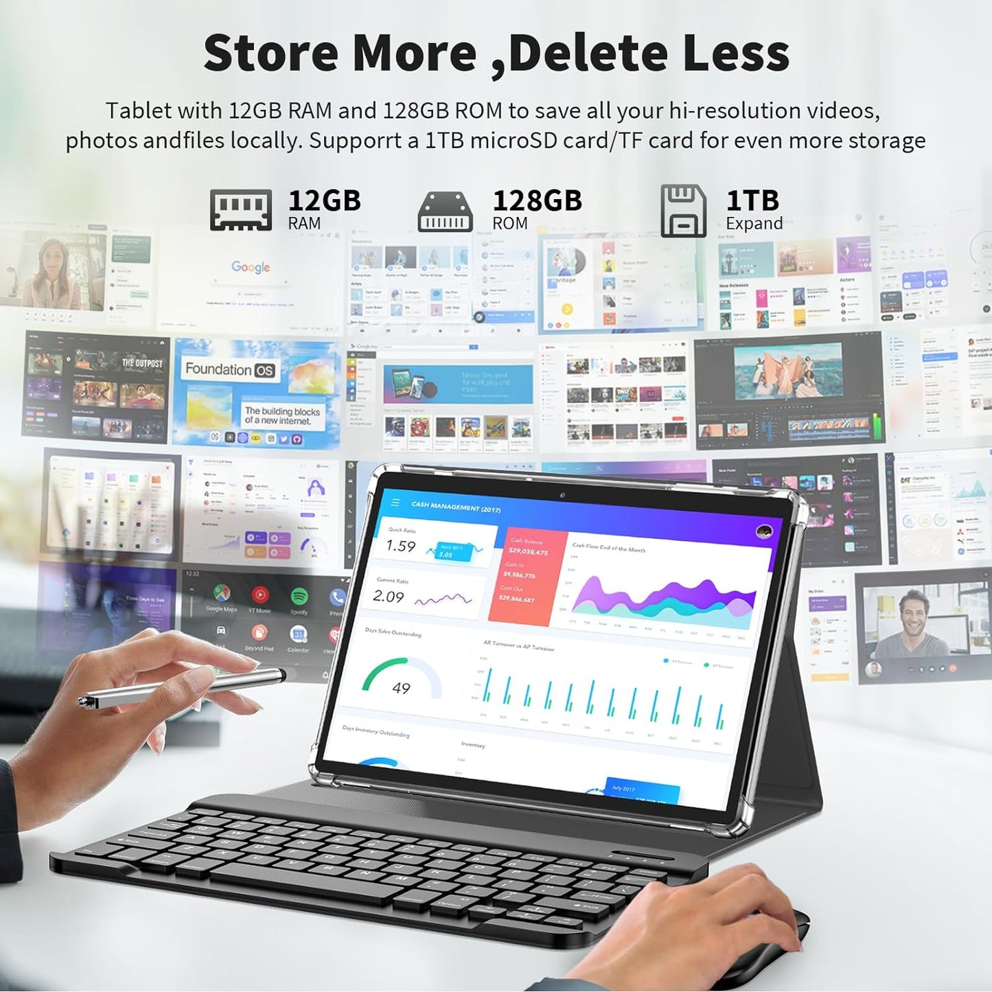 Android Tablet with Keyboard, Android 14 Tablet, 12(6+6) GB+128GB, 1TB Expand, 2 in 1, Mouse, Stylus, 8000mAh Battery, 2.4G/5G WiFi, GPS, Silver Case