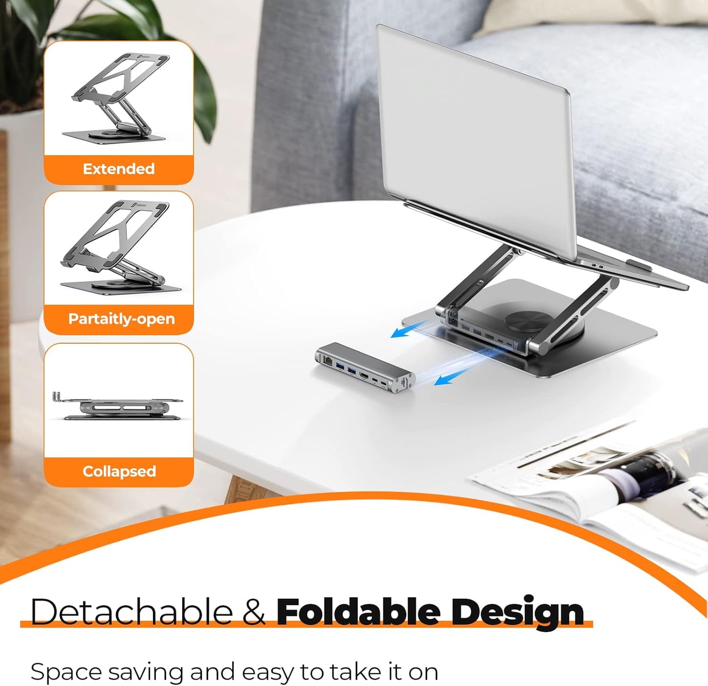 Tobenone Laptop Docking Station Stand for MacBook Pro/Air/Dell/HP/Surface/Lenovo, Mac Docking Station with 4K HDMI, USB 3.0, RJ45, PD 3.0, USB C Laptop Stand Hub for Desk with 360 Rotating Base Grey