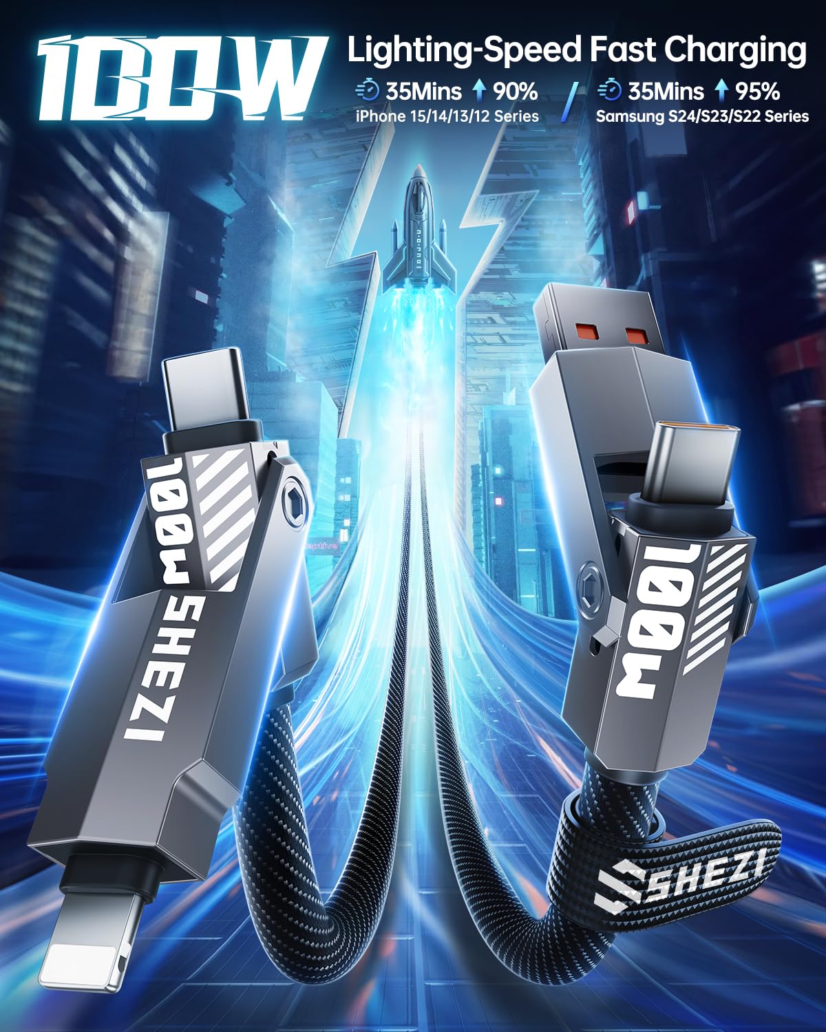 SHEZI Nylon Braided 4 in 1 USB C Cable 100W 3FT Compatible with Lightning Cable, Fast Charging for iPhone/iPad Charger Cord [480Mbps Data Sync],Multi Charging Cable with Type C/USB A, Grey