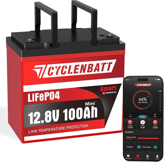 12V 100Ah Mini Bluetooth LiFePO4 Battery, 12 Volt Lithium Battery Bulit in 100A Smart BMS with Low-Temp Protection, 100Ah Lithium Battery Great for Marine, Trolling Motor, RV, Camper, Solar