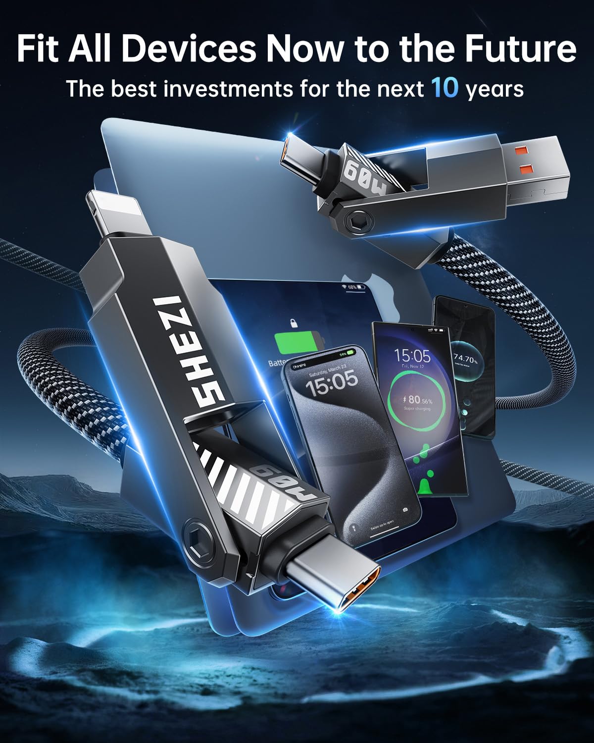 SHEZI Nylon Braided 4 in 1 USB C Cable 60W 5FT Compatible with Lightning Cable, Fast Charging for iPhone/iPad Charger Cord [480Mbps Data Sync],Multi Charging Cable with Type C/USB A, Grey