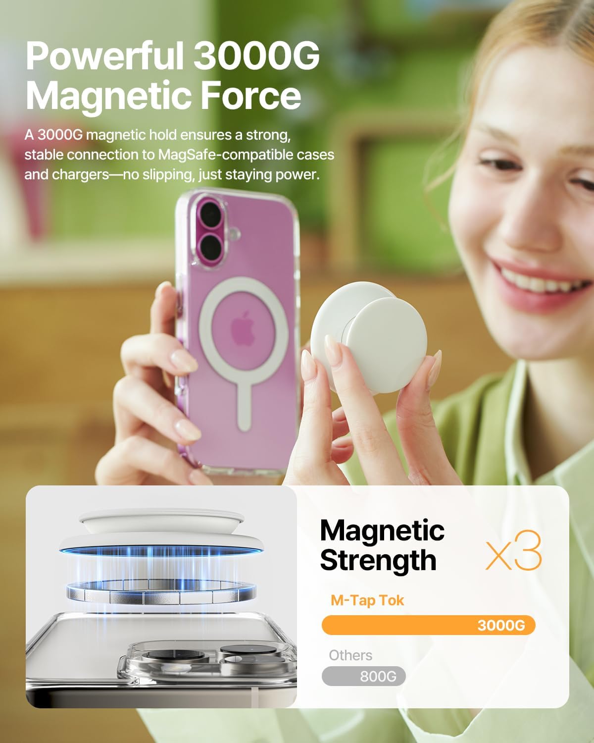 Sinjimoru for MagSafe Phone Grip, Soft Silicone Magnetic Finger Grip for iPhone 16/15/14/13/12, Comfortable One-Touch Holding, M-Tap Tok (Pink)