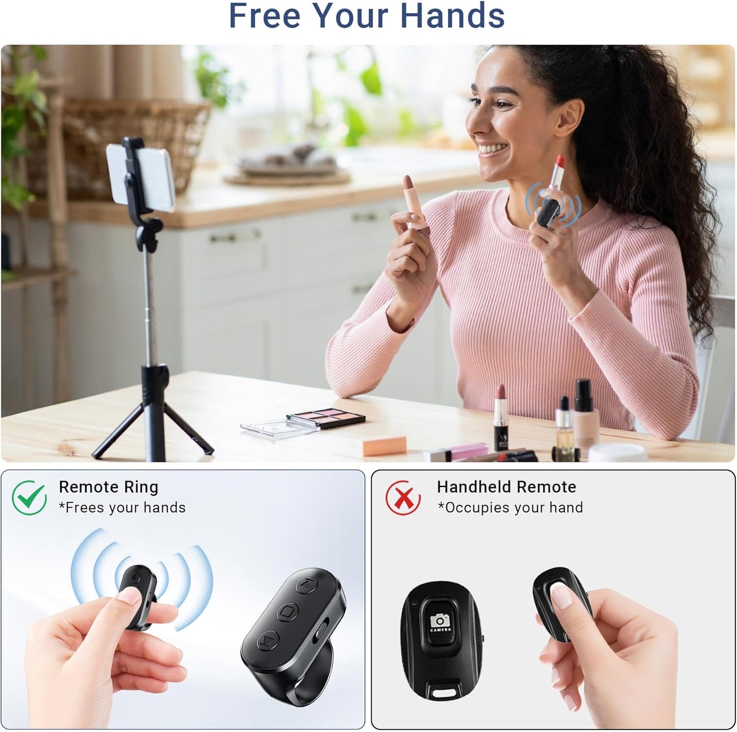 Phone Camera Ring Remote Control with Zoom in/Out, Rechargeable Shutter with Front/Rear Camera Switch for iPhone Android iPad, Hands Free Remote Ring for Photo & Video Recording Content Creator