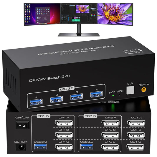 8K Displayport KVM Switch 3 Monitors 2 Computers 4K 120Hz DP KVM Switches Triple Monitor for 2 PC Share 4 USB 3.0 Ports Support Extended & Copy Display Mode Wired Controller and 12V Adapter