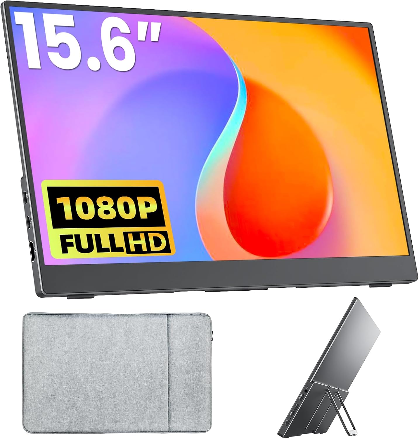 Portable Monitor 15.6 Inch FHD 1080P HDR IPS Travel Monitor with Speakers HDMI USB-C Second Screen for MacBook Laptop Surface Xbox PS4/5, External Display with Kickstand, VESA Compatible