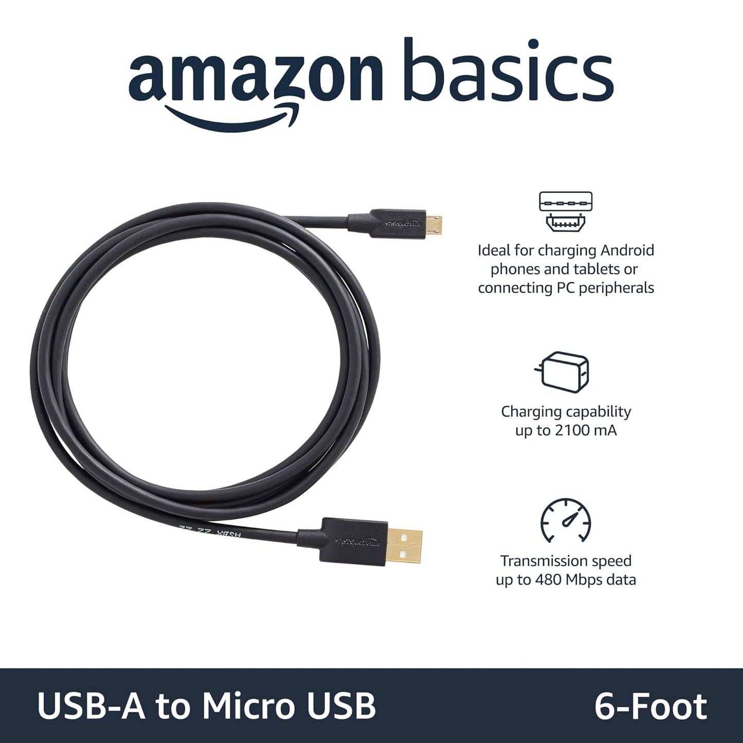 Amazon Basics 5-Pack USB-A to Micro USB Charging Cable, 480Mbps Transfer Speed with Gold-Plated Plugs, USB 2.0, 6 Foot, Black