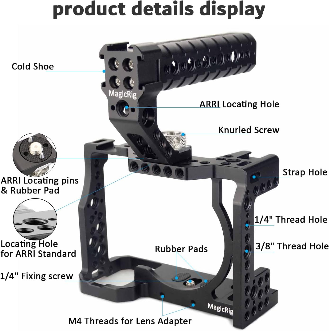 A7iii / A7riii Full Camera Cage Rig and ARRI Locating Top Handle,with 5 Cold Shoe Mounts, 1/4" & 3/8" ARRI Holes, for Sony A7III /A73 /A7RIII /A7R3 /A7M3(A7R Mark III/ILCE-7RM3)