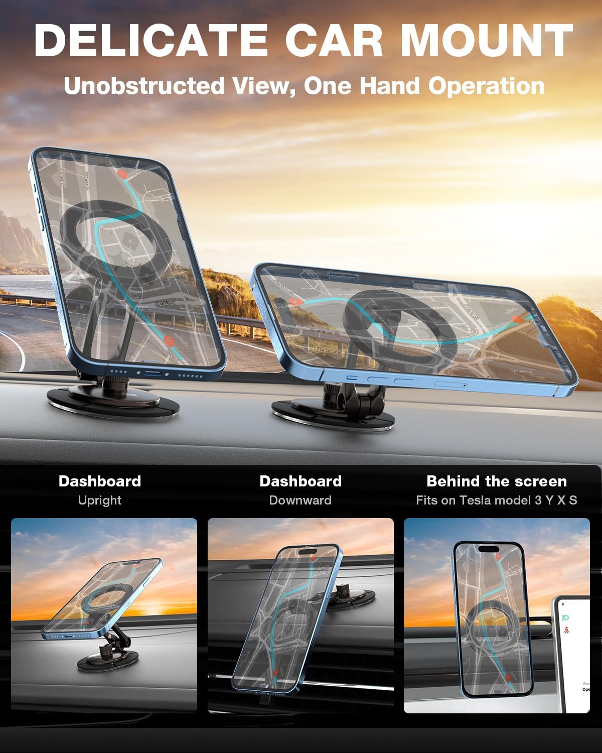 Smolink Tesla Phone Mount, All Metal Strong Magnet Magnetic Phone Holder for Car Dashborad and Tesla Model 3/Y/S/X, Foldable Hidden for MagSafe Car Mount Fit for iPhone All Phones, Black