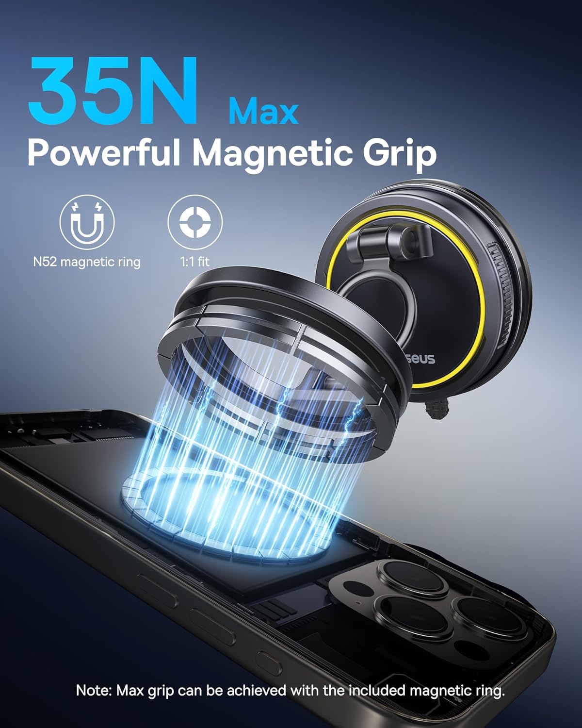 Baseus for Magsafe Car Mount, Vacuum 119LBS Magnetic Suction Cup Phone Holder for Car, 720° Adjustable Foldable Cell Phone Holder with Reusable Washable Gel for Car & for iPhone 16 15 14 13 Pro Max