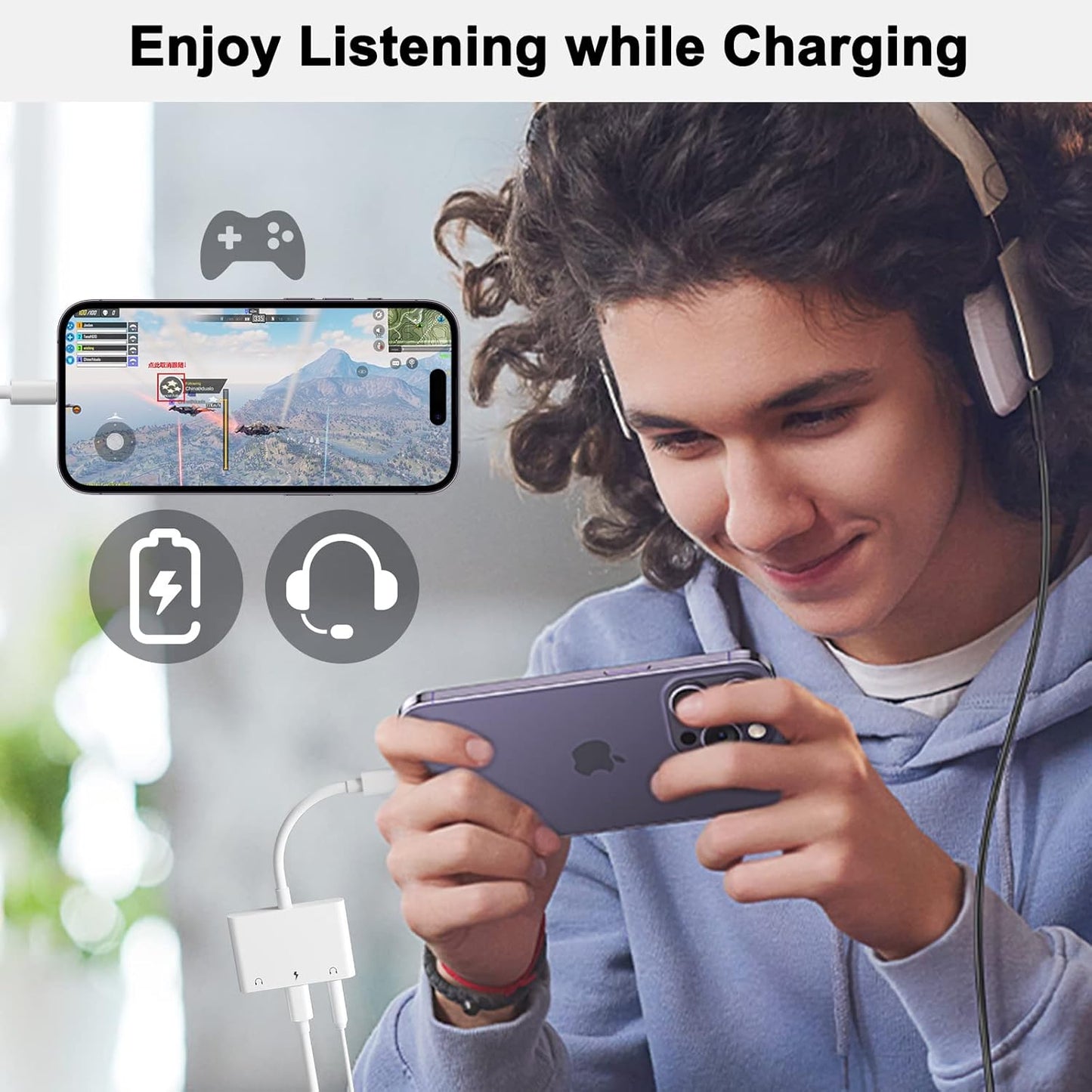 3 in 1 Dual 3.5mm Headphone Jack Adapter - Earphone Jack Audio and Charging Adapter - Headphone Splitter for iPhone 14/13/ 12/11/ X/ 8 - White