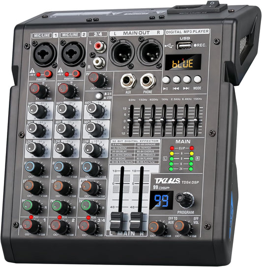 Audio Mixer, 4 Channel Sound Board Mixing Console with 99-Bit DSP, 7-Band Eq Output, Digital MP3 Computer Input, Professional DJ Mixer Board with 48V Phantom Power Stereofor Recording Live
