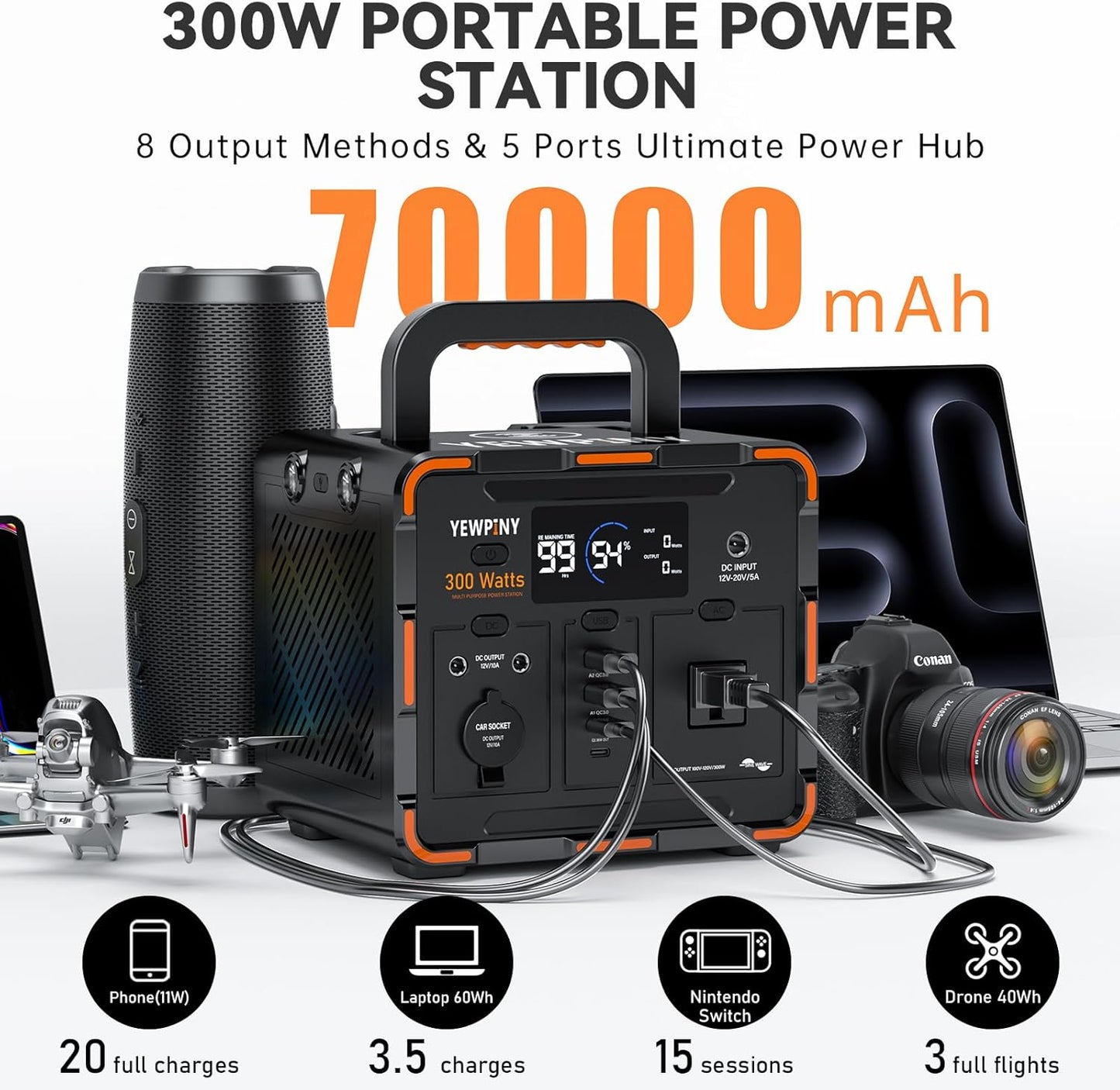 EM300 Portable Solar Station, 259Wh LiFePO4 Battery, 65W USB-C PD Fast Charging, 600W Peak, AC/DC/USB-A Output for Camping, Home and Emergency Use (300W Portable Power Station)