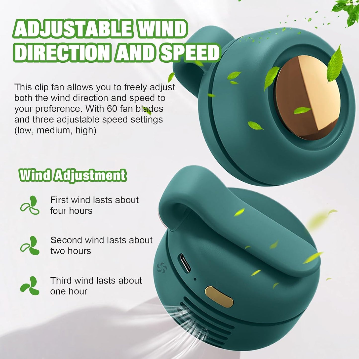 Portable Silent Mini Bladeless Fan Clip on, Portable Silent Mini Bladeless Electric Fan, For Outdoor & Travel & Office, Travel Accessories, Gift, Adjustable 3-Speed (Type-c, Green)