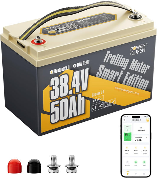 Power Queen 36V50Ah LiFePO4 Battery with Bluetooth 5.0 Remote Control, Low-temperature Protection, 1920Wh Energy, Deep Cycle Lithiumn Battery for 36V Trolling Motor Up To 120 lb