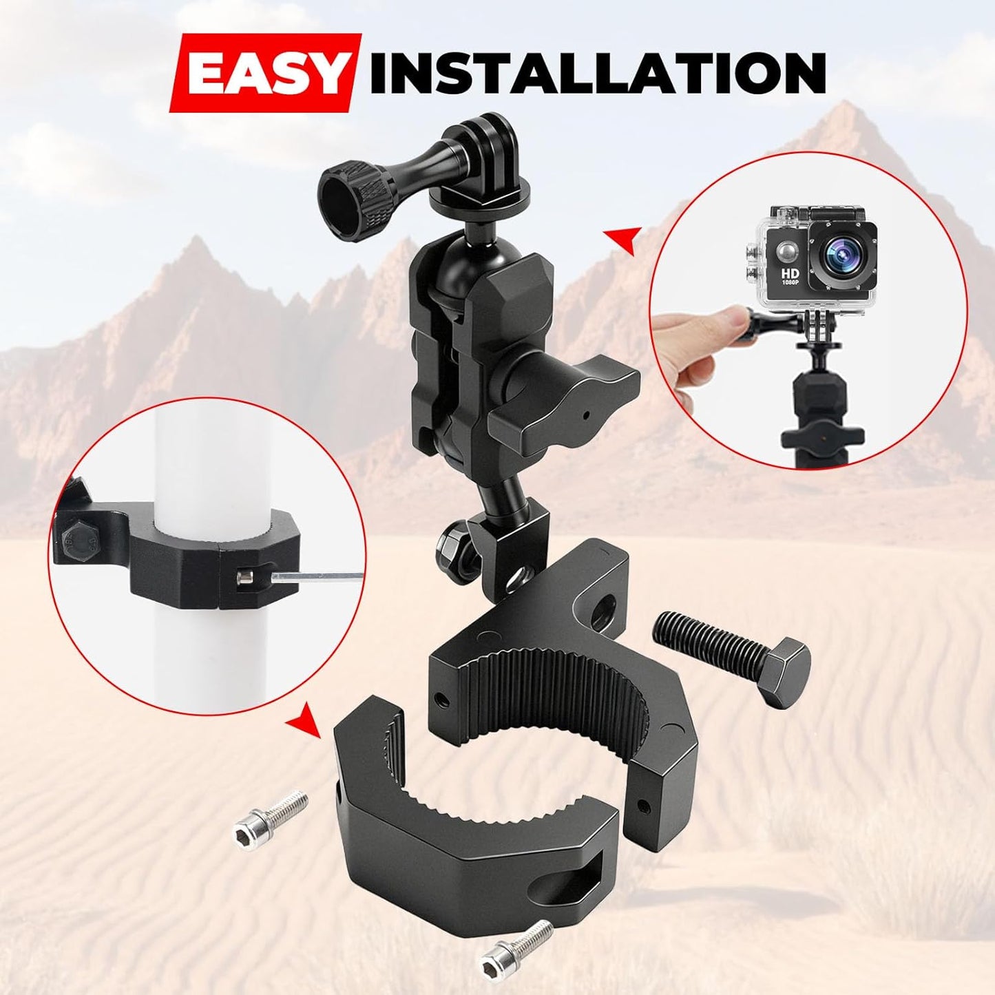 Jerbor Aluminum UTV ATV Camera Mount Holder 360° Compatible with 1.75"-2" Roll Bar and Tube, Fit for GoPro Hero,for Insta360 and Other Action Cameras