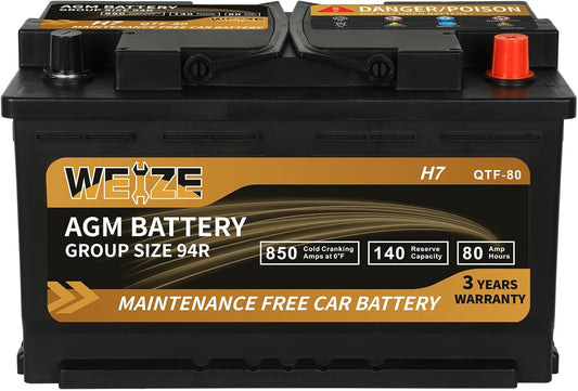 Weize Platinum AGM Battery BCI Group 94R - 12v 80ah H7 Size 94R Automotive Battery, 140RC, 850CCA, 36 Months Warranty, Dimensions 12.4" L x 6.89" W x 7.48" H
