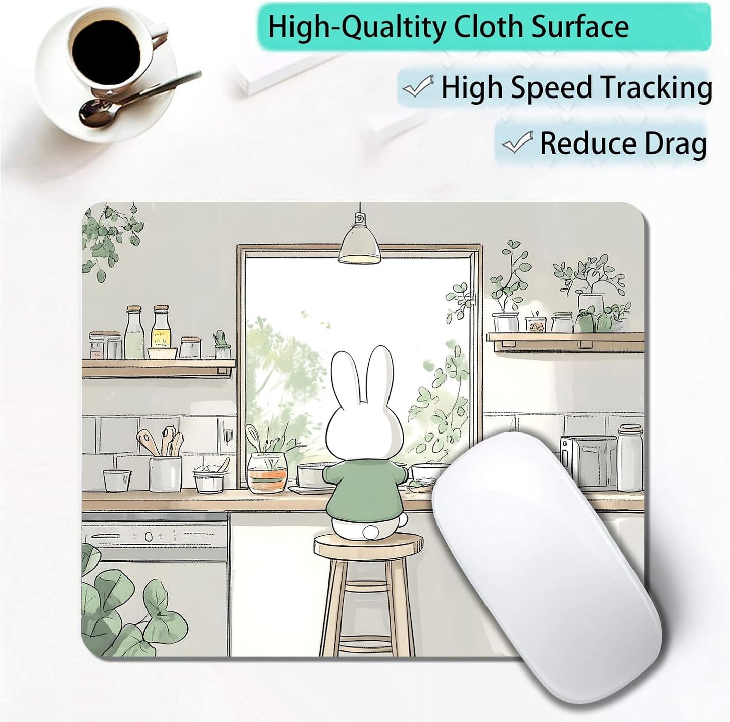 Cute Cartoon Anime Rabbit Custom Mouse Pad with Non-Slip Rubber, Small Square Design for Wireless Laptop & Computer Mouse Pads for Desk, 9.5 x 7.9 inch Smooth Surface for Gaming & Office