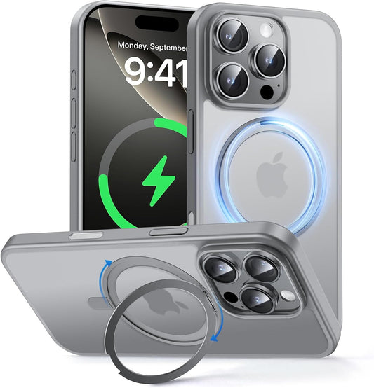 MAGIC JOHN 360° Rotatable Magnetic Invisible Stand for iPhone 16 Pro Max Case [Camera Control Button] [Compatible with MagSafe] 16FT Shockproof for iPhone 16 Pro Max Case with Kickstand, Gray