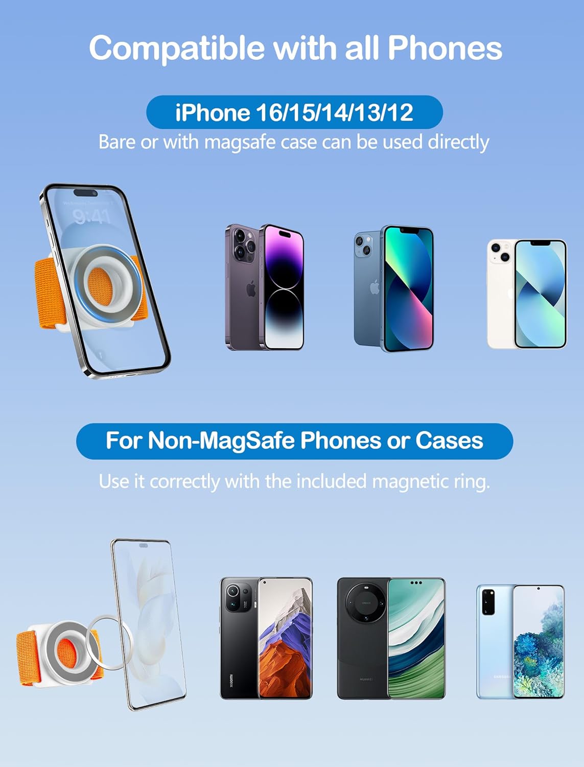 TOPGO Running Phone Holder for iPhone [360° Rotatable & Upgrade Anti-Drop] Magnetic Wrist Phone Holder, Magsafe Armband Compatible with iPhone 16 Pro and Android - Orange