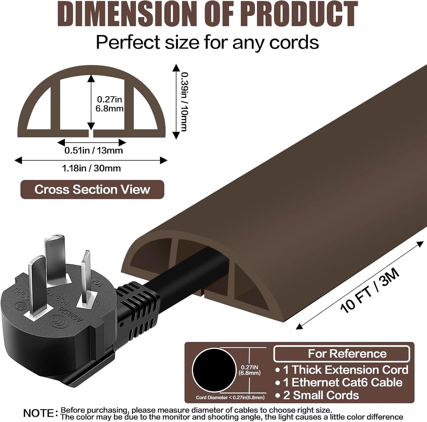 Floor Cord Cover Cable Cavity Self Adhesive Cord Hider Floor 10FT Floor Cable Management Power Cord Protector Floor Electric Cord Covers for Offices, Gym, Exhibitions (CoffeeBrown, 1.18" x 10')