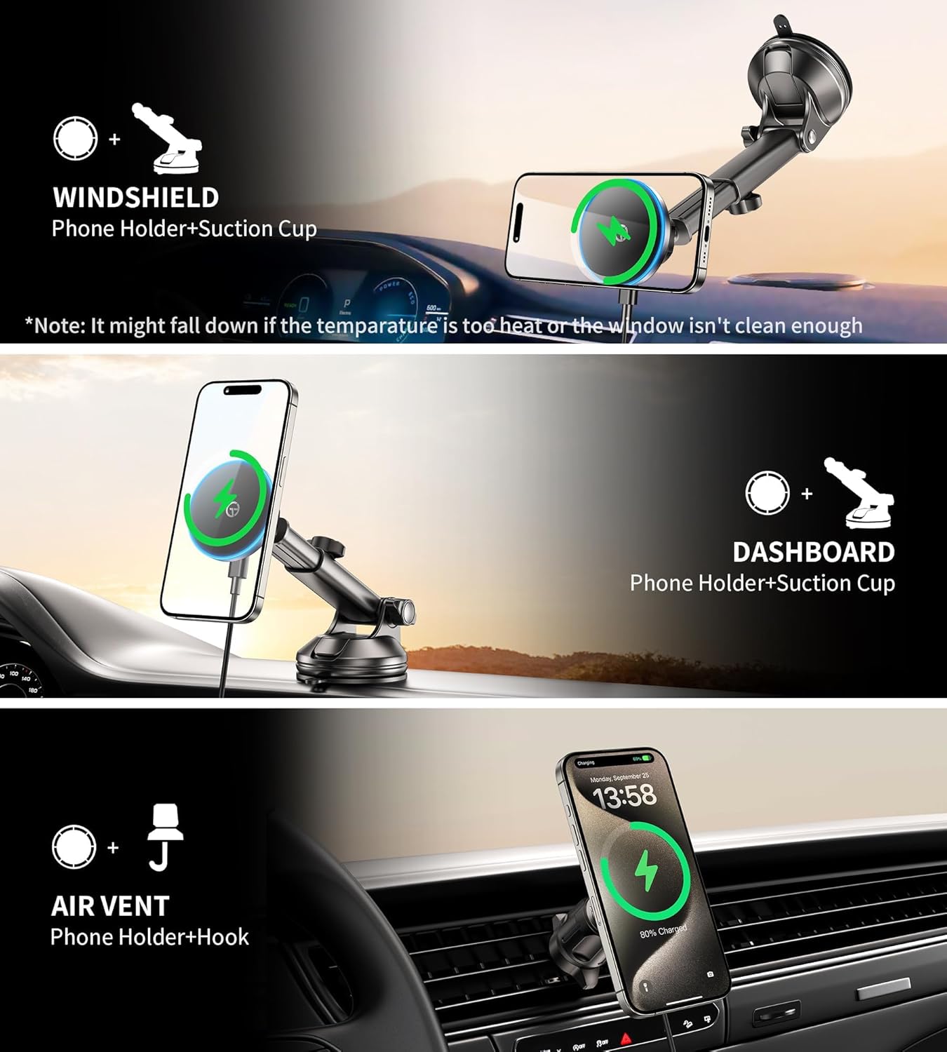 for MagSafe Car Mount Charger Dash/Windshield/Vent Wireless Car Charger with [LED Light], Strong Magnetic Phone Holder for Car for iPhone 16 15 14 13 12 Series, Fit MagSafe Accessories