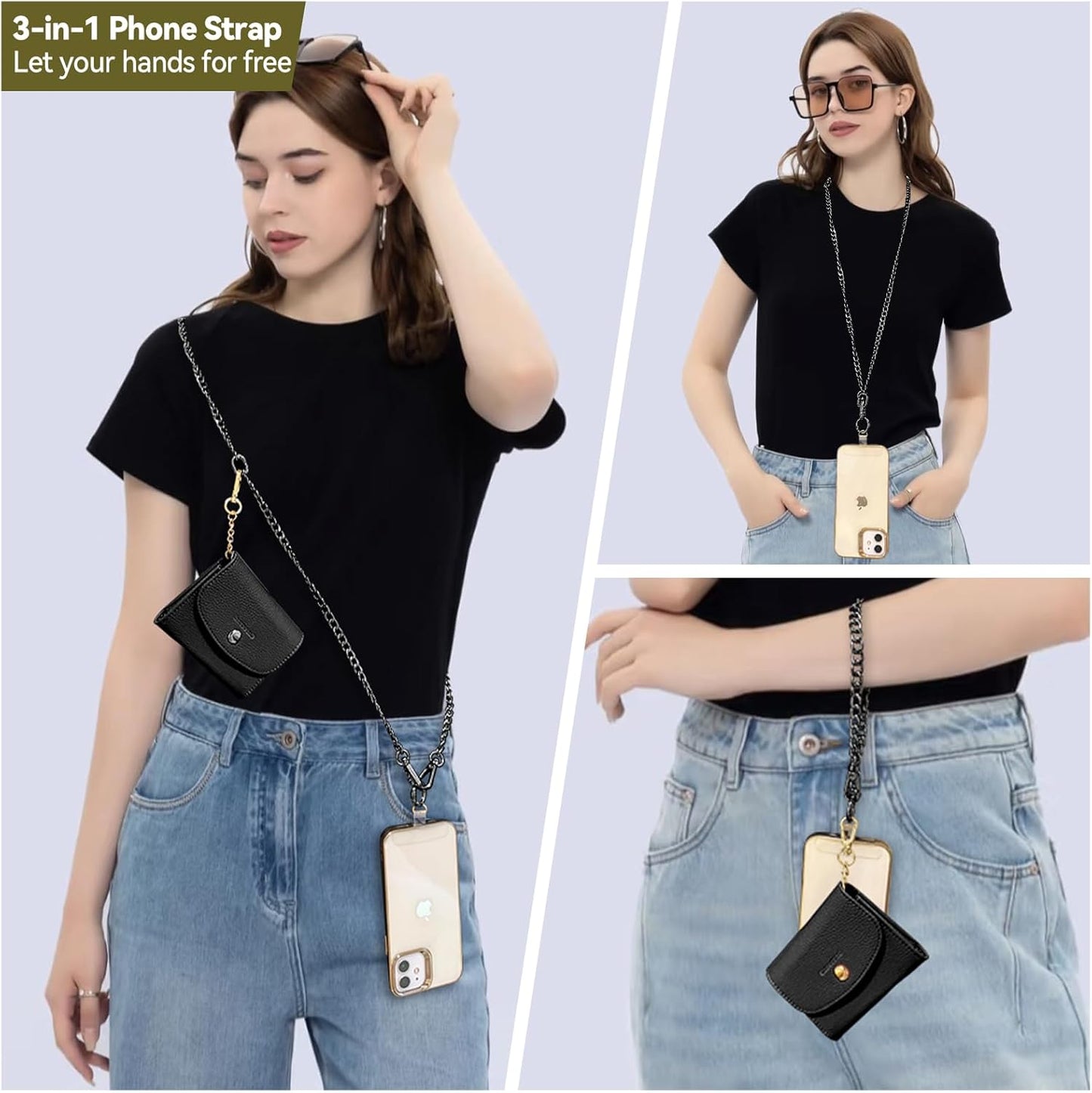 Clip and Go Strap for Phone with Wallet Metal Gun Chain Crossbody Phone Lanyard for Women Adjustable Detachable Wristlet Charm Small Purse Leather Card Holder Zipper with iPhone Stand 2 Patches Black