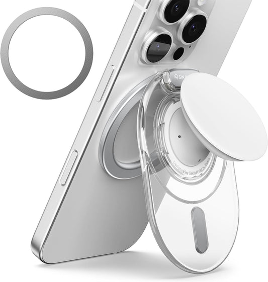 Sinjimoru Phone Grip Stand, Compatible with MagSafe, Adaptor Ring Included, 3000G Kickstand for iPhone 16/15/14/13/12. M-Tap Tok Stand Clear White
